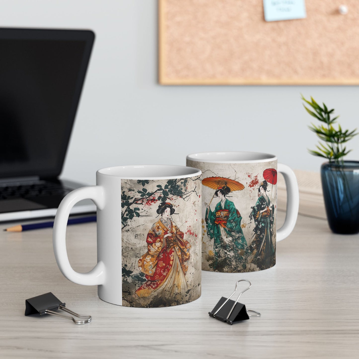 Elegant Trio under Crimson Umbrellas Ukiyo-e Mug
