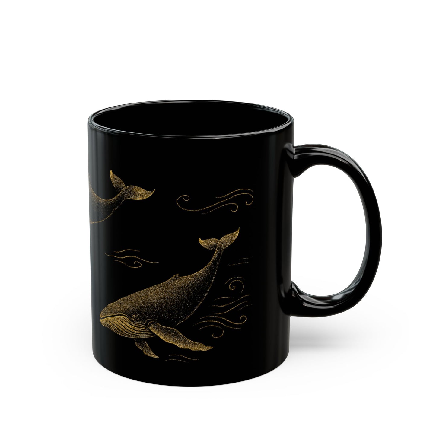 Golden Whales on Midnight Sea Black Mug