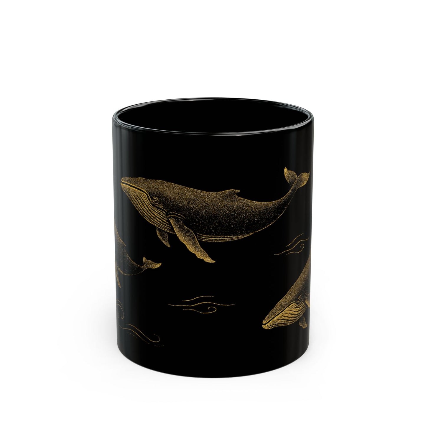 Golden Whales on Midnight Sea Black Mug