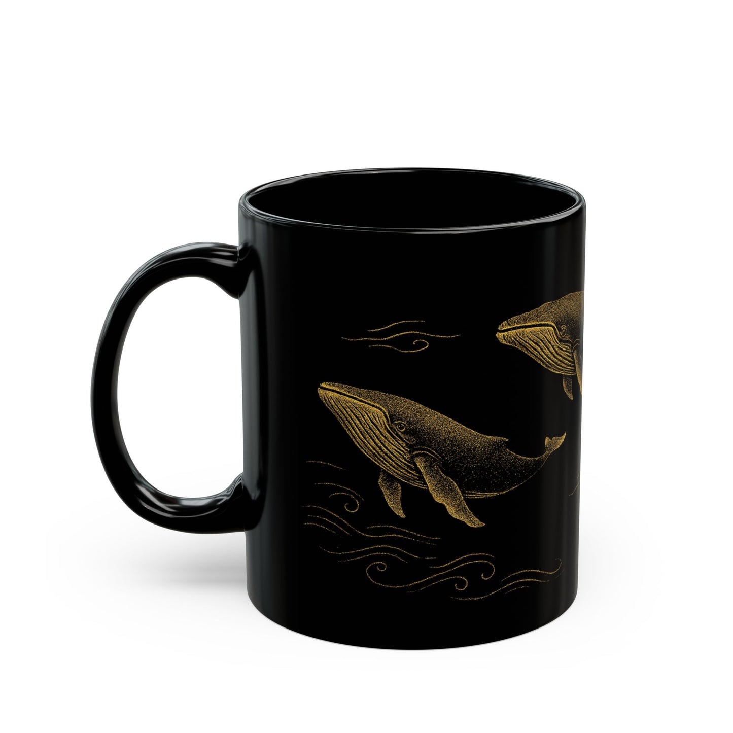 Golden Whales on Midnight Sea Black Mug