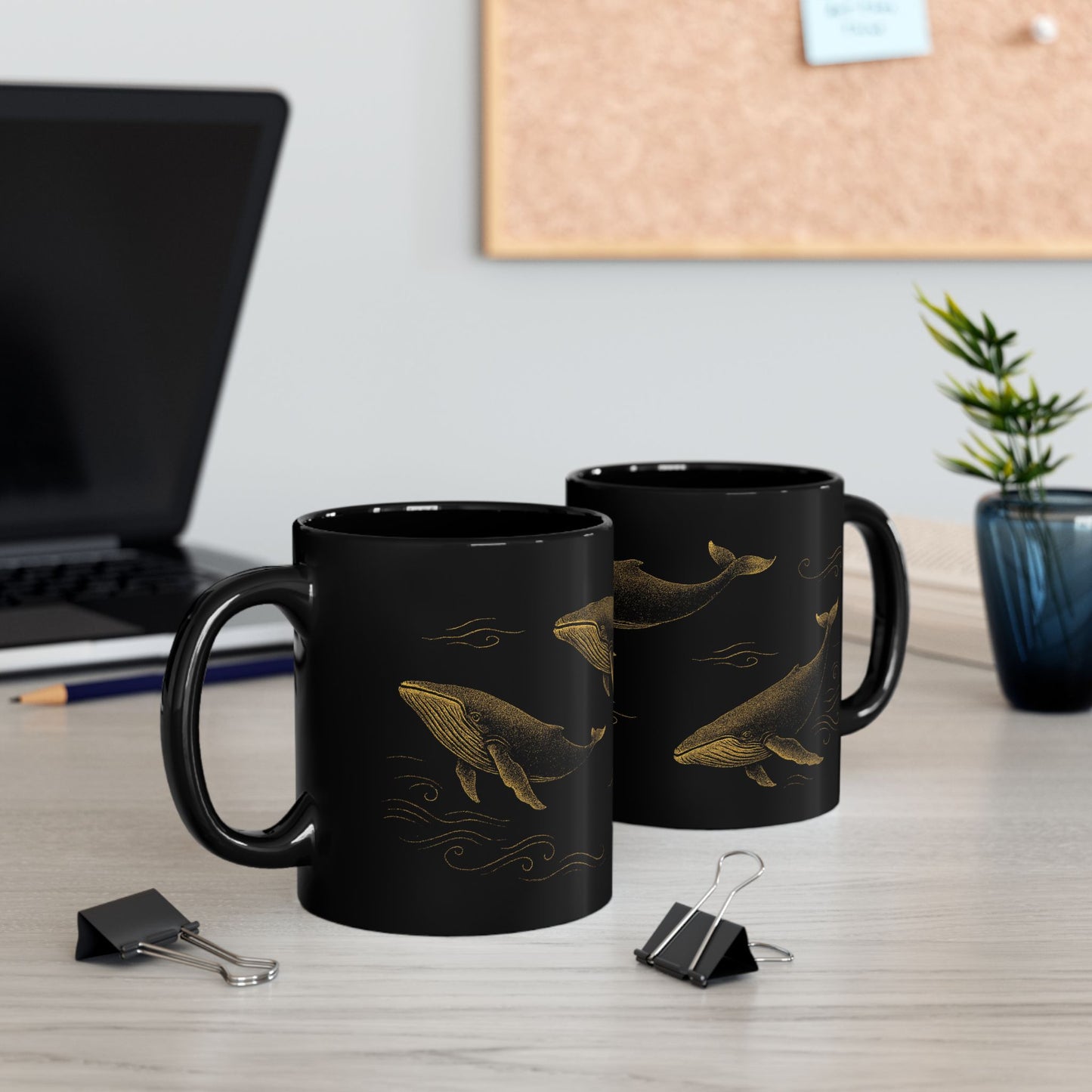 Golden Whales on Midnight Sea Black Mug